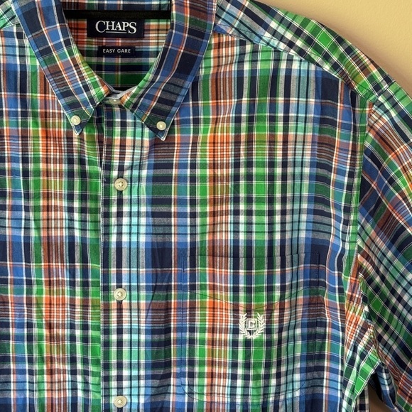 CHAPS Easy Care Plaid Button Down Short Sleeve Blue/Green/Orange Men’s Size XLT - Picture 1 of 8